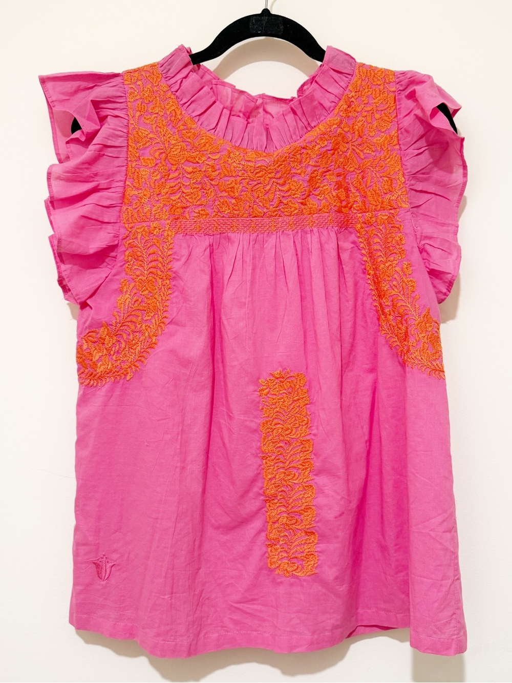 Pink Embroidered Flutter-Sleeve Blouse